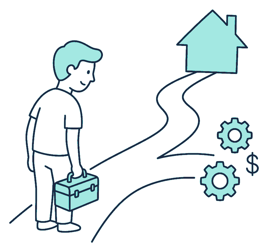 A self-employed builder stands where a path forks in two, a toolbox at his feet, looking down both branches