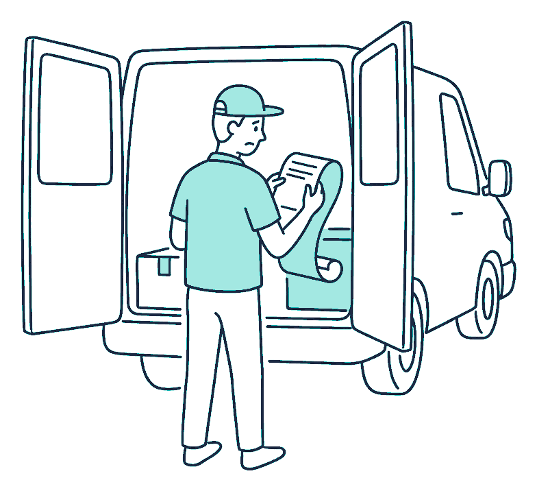 A courier stands at the open back doors of their van, frowning at a long invoice held in both hands