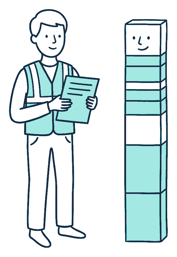 A high-visibility worker holds a payslip beside a tall column chart divided into several stacked segments