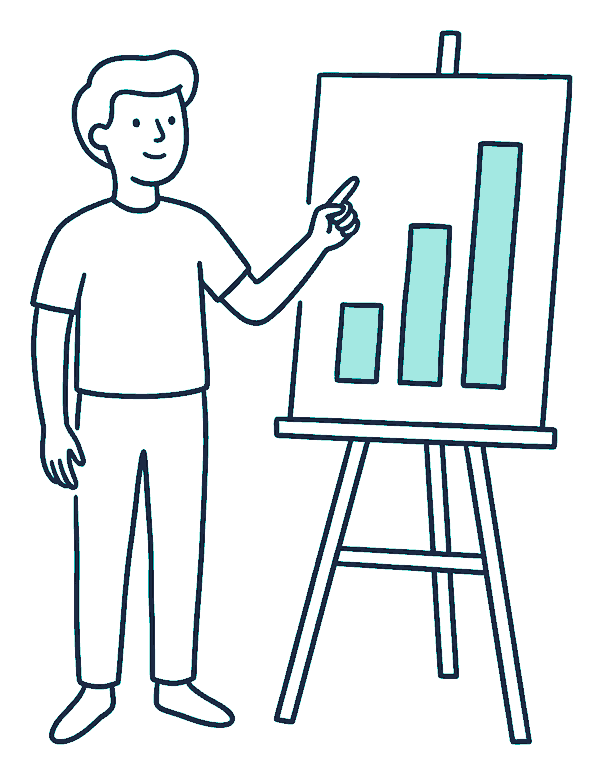 A person at an easel pointing at a bar chart of three columns of different heights