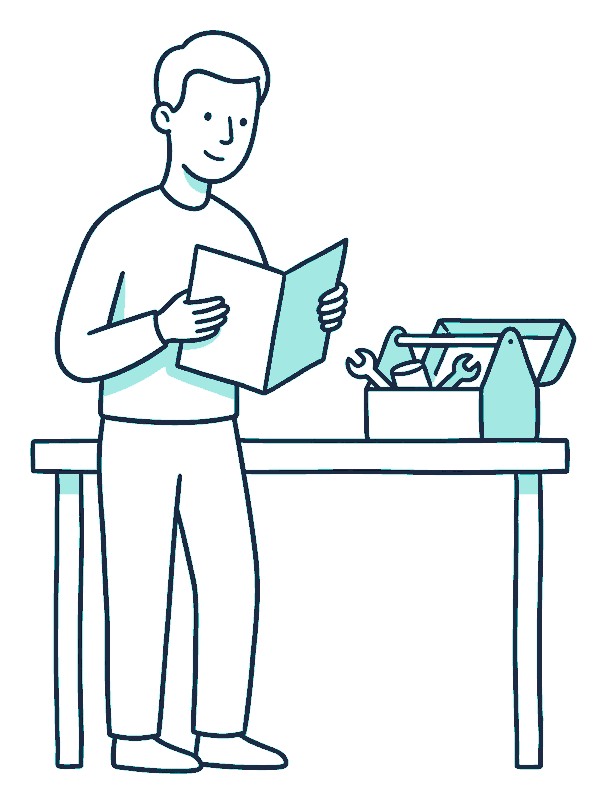 A sole trader opening an invoice at a workbench beside an open toolbox