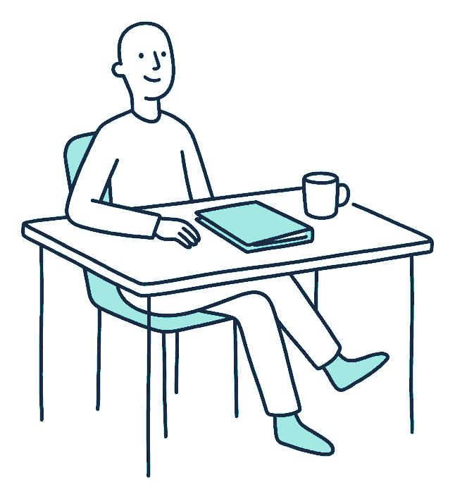 A person seated with a clipboard beside four separate doorways