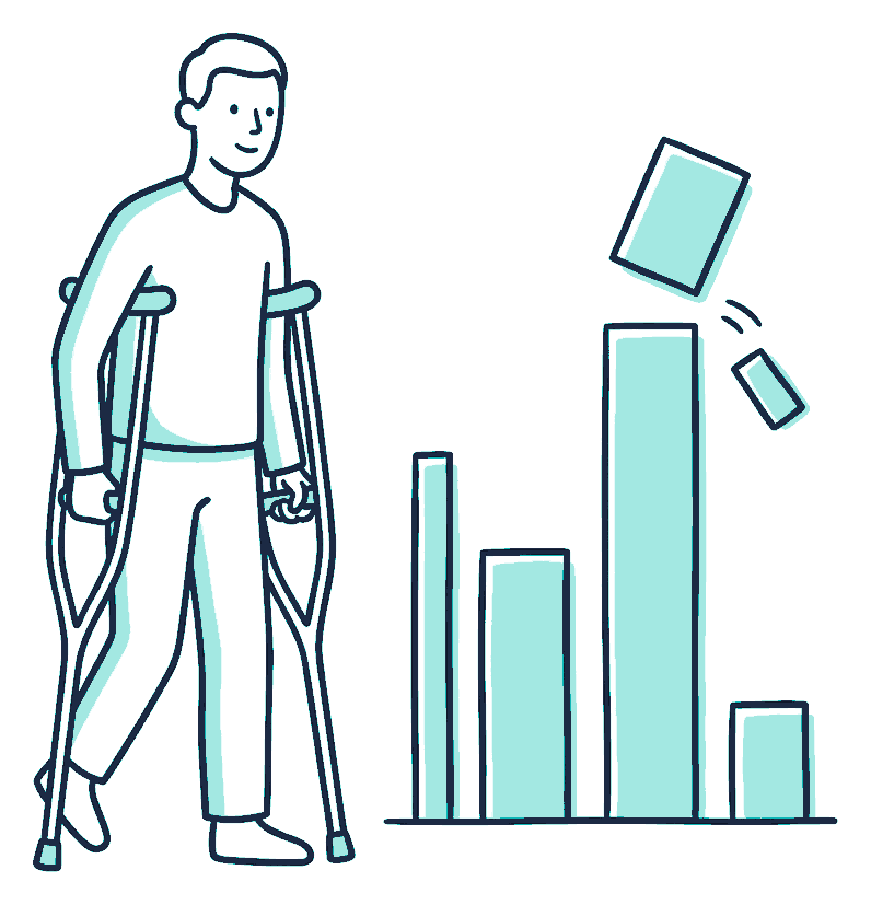 A person on crutches stands beside a bar chart where the tallest bar has its top section sliced off