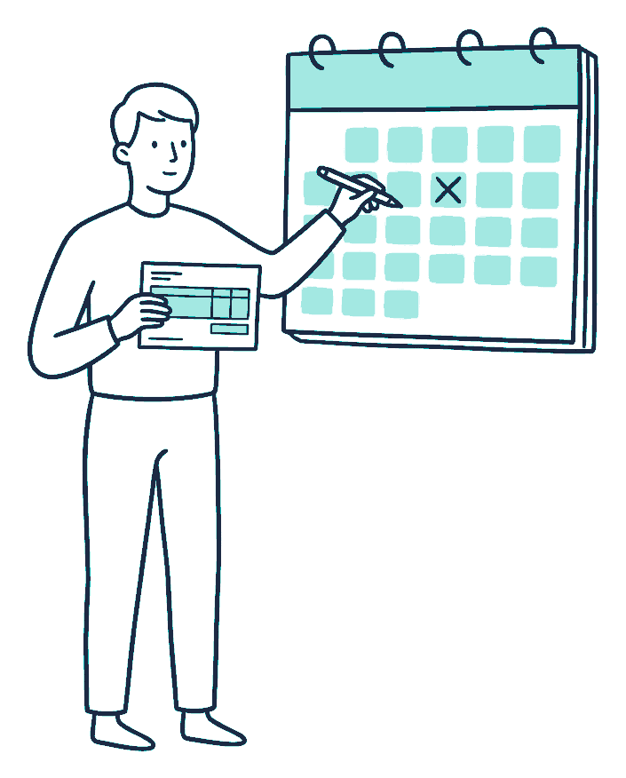 A person checking a bank balance beside a calendar with one day circled