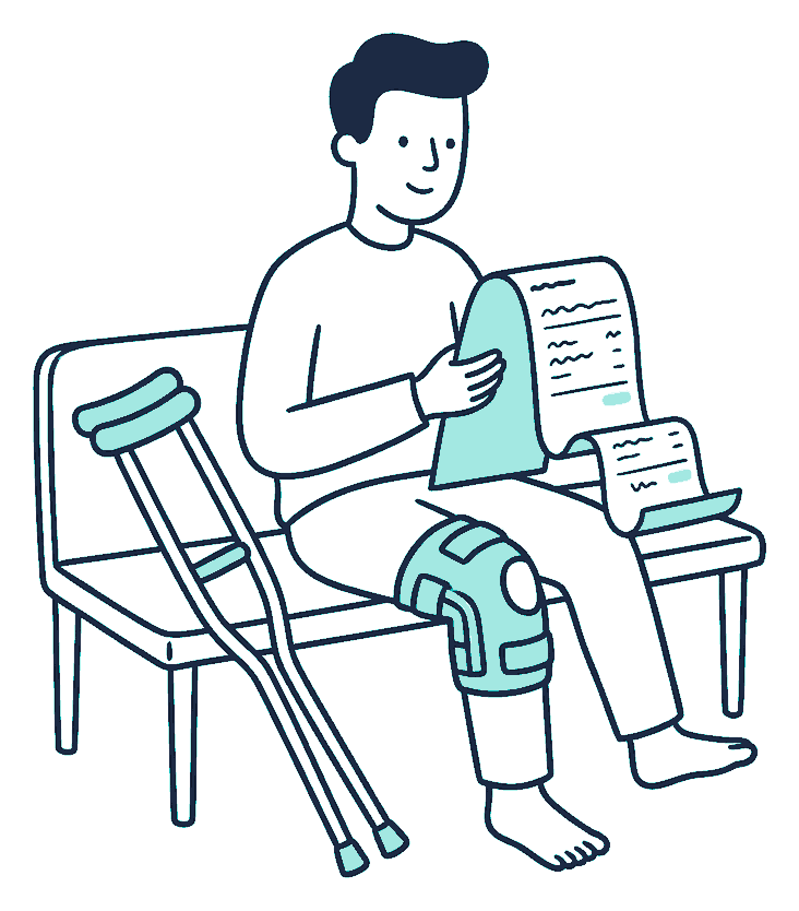 A person with a braced knee sits on a bench, crutches leaning beside them, reading a long unfolded invoice