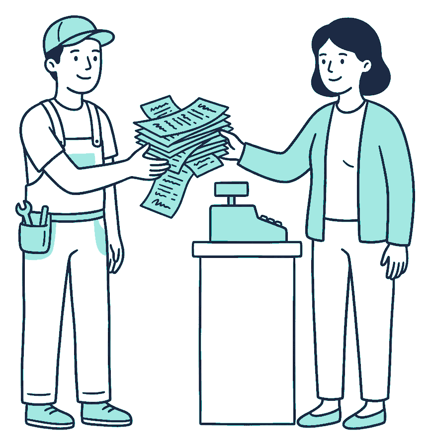 A self-employed builder hands a thick stack of receipts covered in squiggly scribble lines across a counter to a clerk