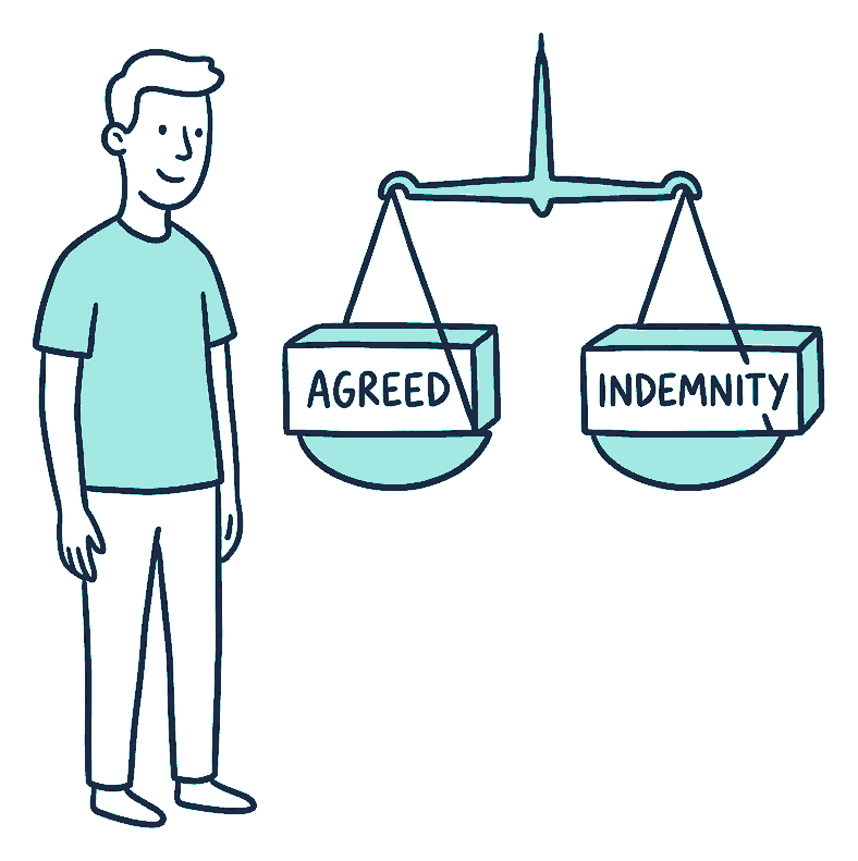 A person watches a balance scale holding two boxes, one labelled AGREED and the other labelled INDEMNITY