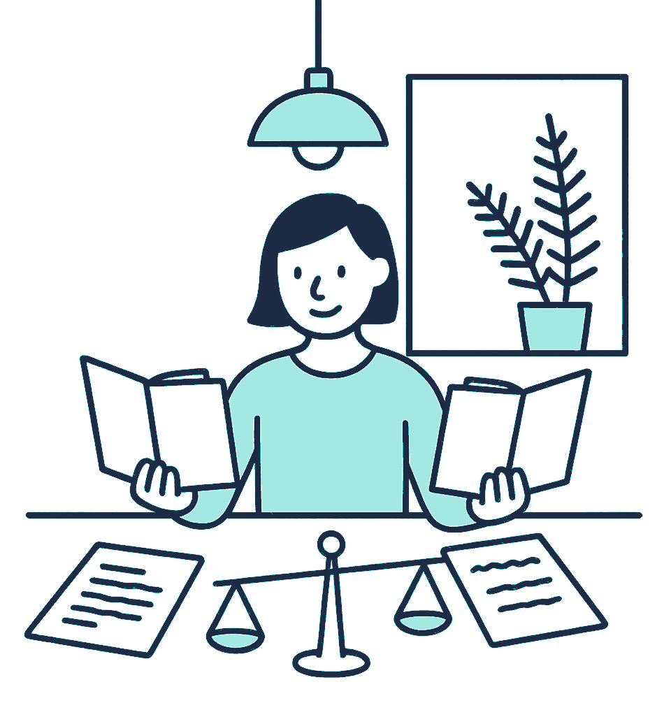A person at a kitchen table compares two open insurance folders under a pendant lamp, a native fern silhouetted on the windowsill behind them