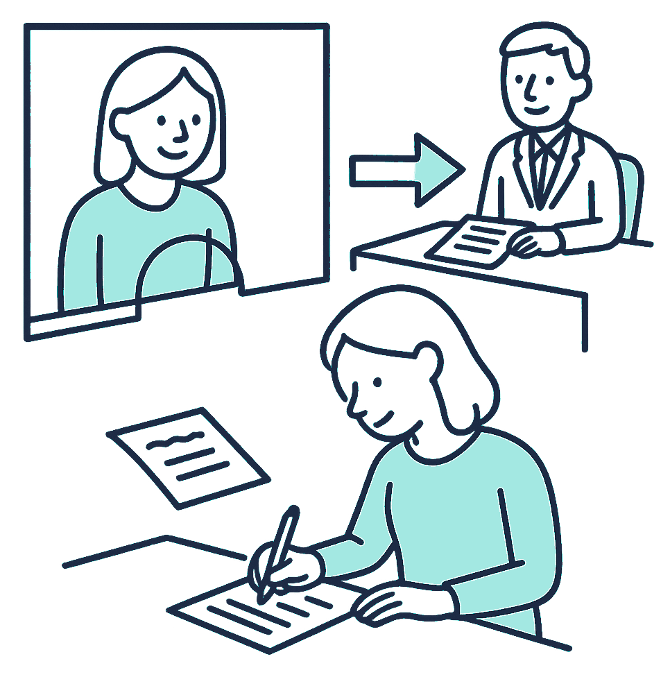 A customer signs a form at a bank teller's window while a referral slip passes through to an adviser's desk in the background