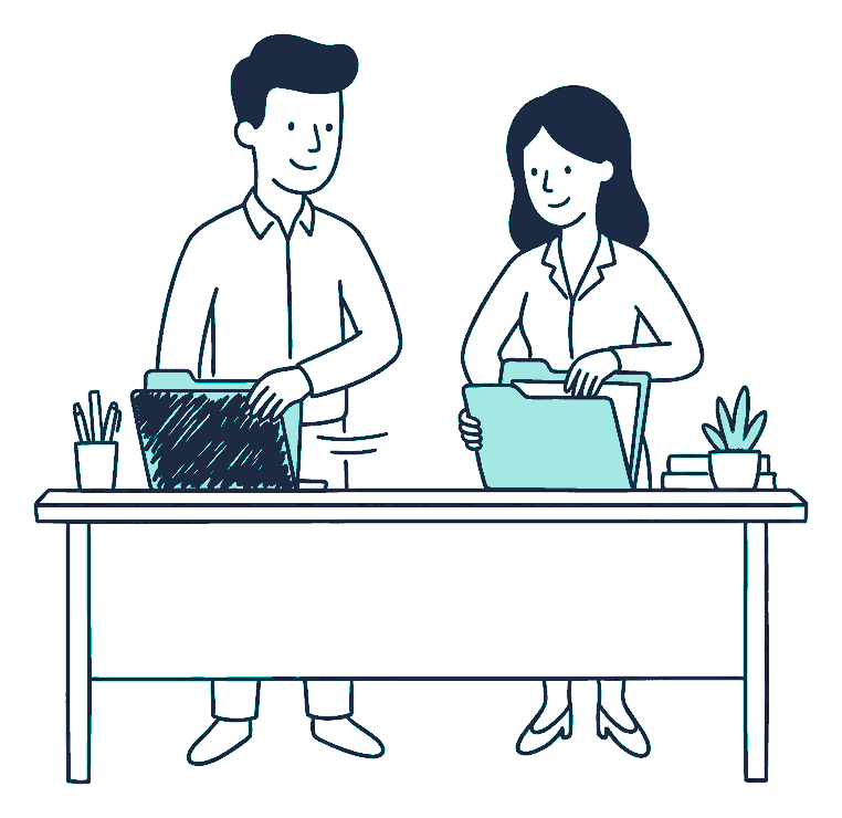 Two people at a desk slide one scribble-covered folder aside and open a different one instead