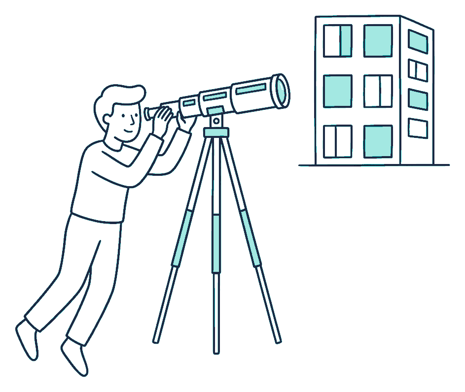 A person looking through a telescope towards a distant office block