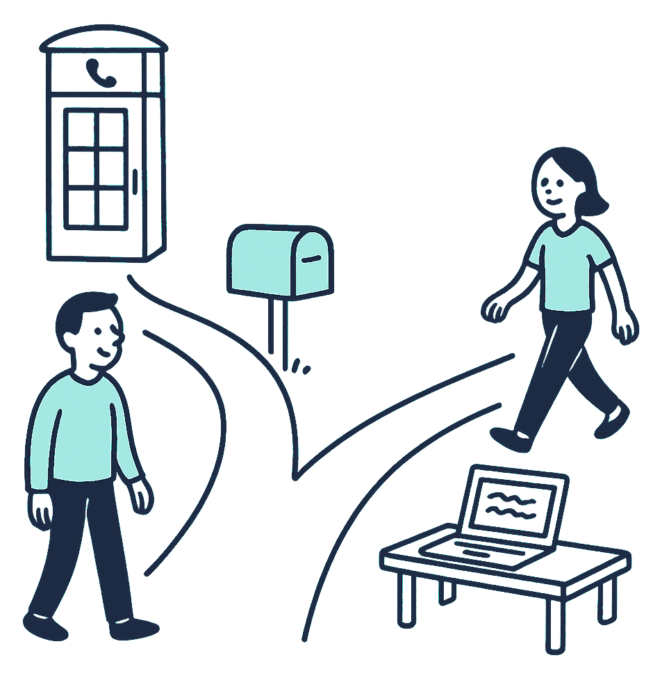 Two garden paths fork past a letterbox, one leading toward a phone booth and the other toward a laptop resting on a bench