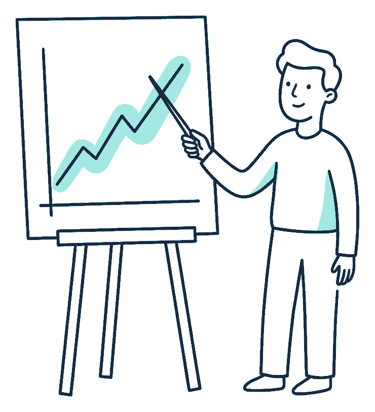 A person taps a pointer against a rising line chart on an easel board
