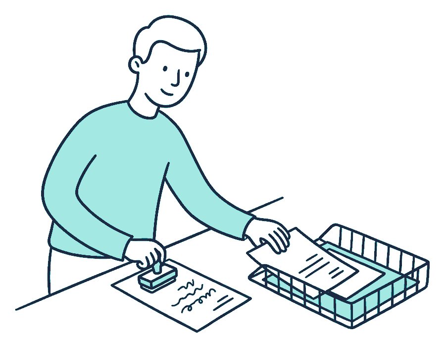 A clerk stamps a claim form covered in squiggly scribble lines and slides it into an out-tray