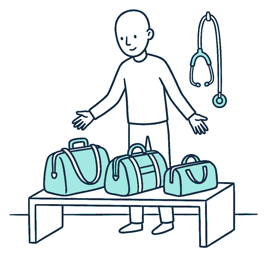 A person choosing between three doctors bags of different sizes