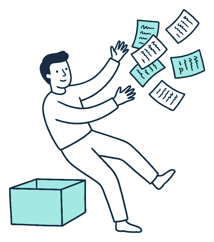 A man trips over a low box, spilling papers covered in squiggly scribble lines into the air