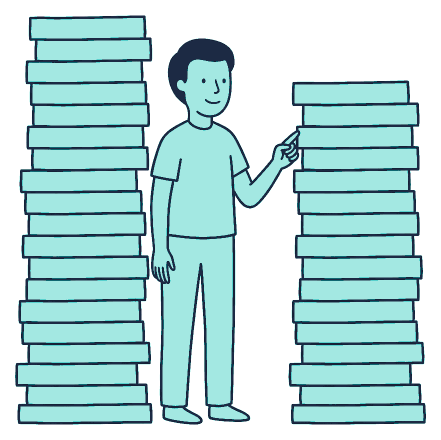 A person stands between two large freestanding chart boards of stacked bars, hand raised comparing one against the other