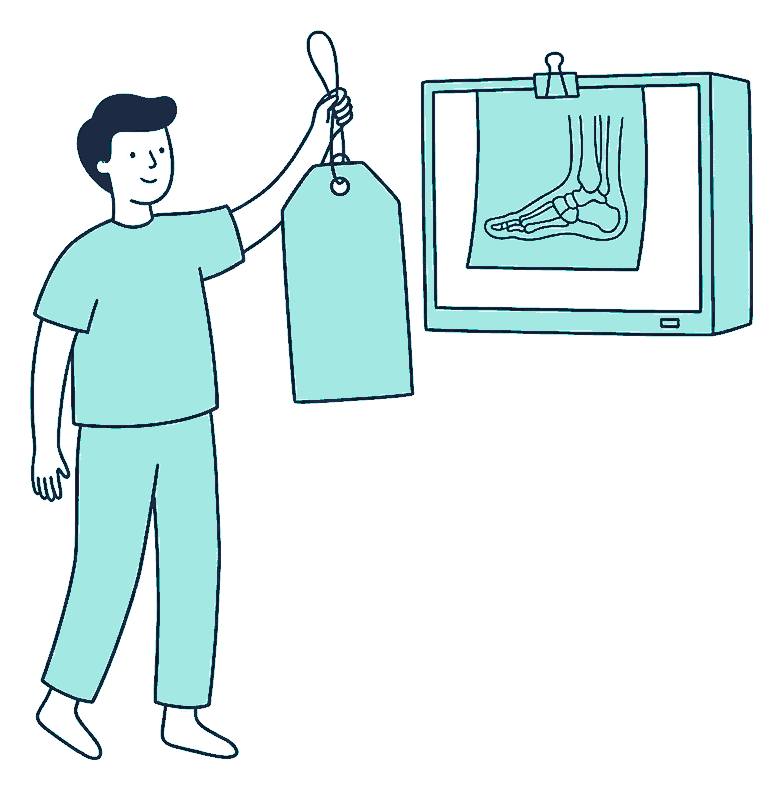 A person holds a large price tag beside a foot x-ray clipped to a lightbox on the wall