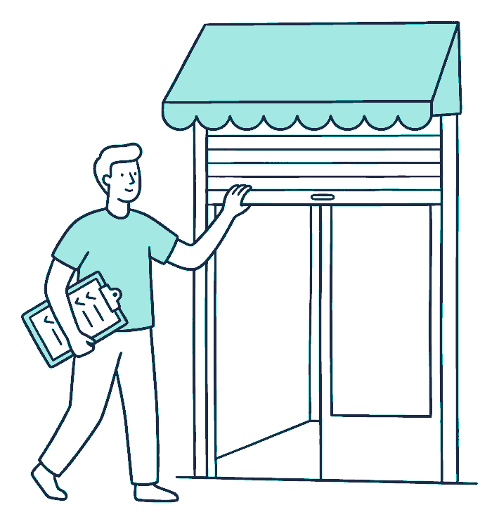 A person rolls up the shutter of a small empty shopfront for the first time, a tick-marked clipboard tucked under one arm