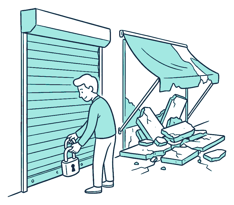 A shopkeeper padlocks a roller door while cracked pavement and a collapsed awning lie across the footpath outside