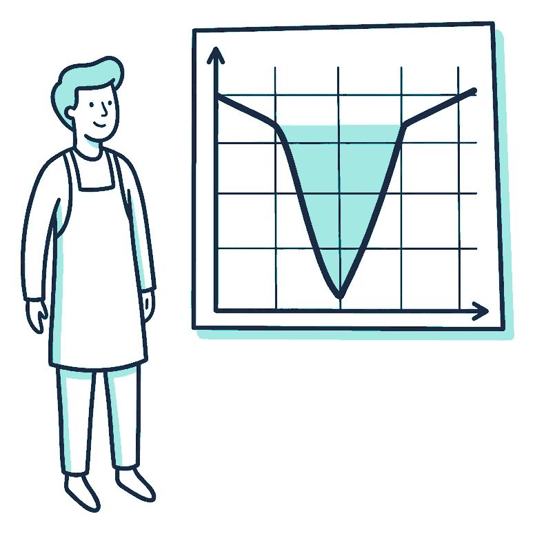 A cafe owner in an apron stands beside a large line chart board where the line plunges into a deep valley then climbs back up