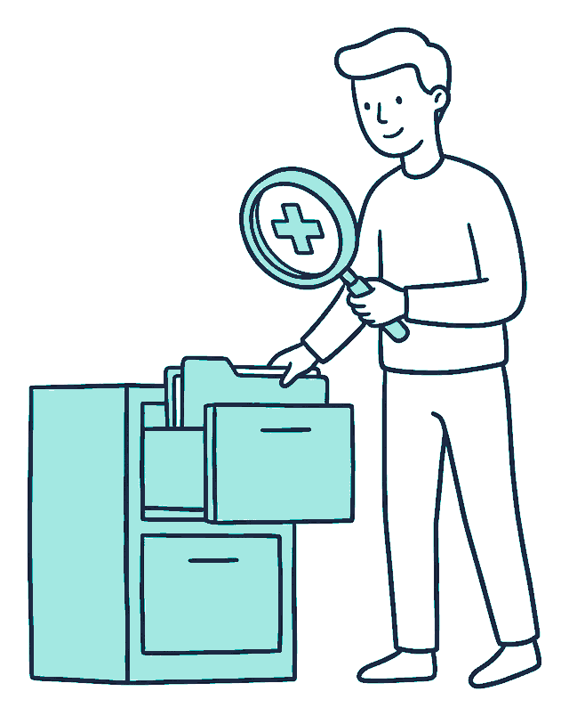 A person opens a filing cabinet drawer and holds a magnifying glass over one pulled-out medical folder