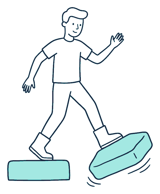 A walker steps off a solid stepping stone onto a wobbling one that tilts under their boot