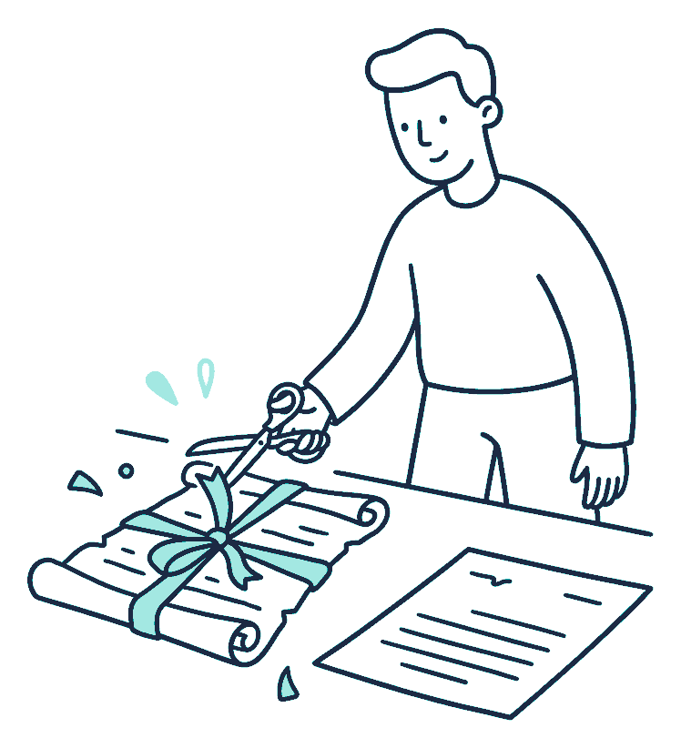 A person holds scissors over the ribbon tying an old document shut, a fresh document waiting alongside