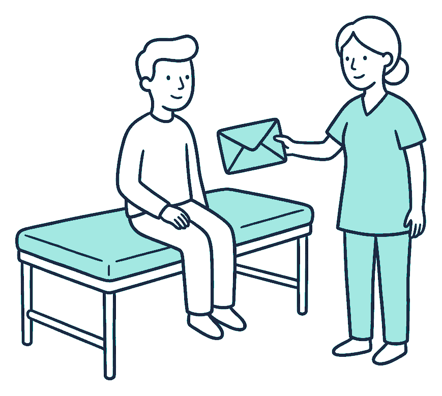 A person sits on the edge of a consulting-room examination bed while a nurse hands them a thick sealed envelope