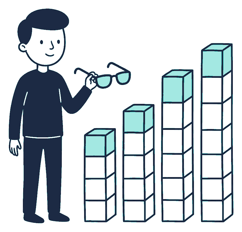 A person holds up a pair of spectacles while standing beside a large bar chart built from stacked blocks of rising heights