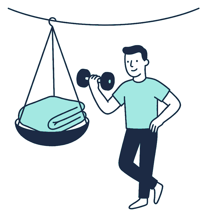 A person lifts weights off a hanging scale pan while a thick folded blanket beside it stays untouched