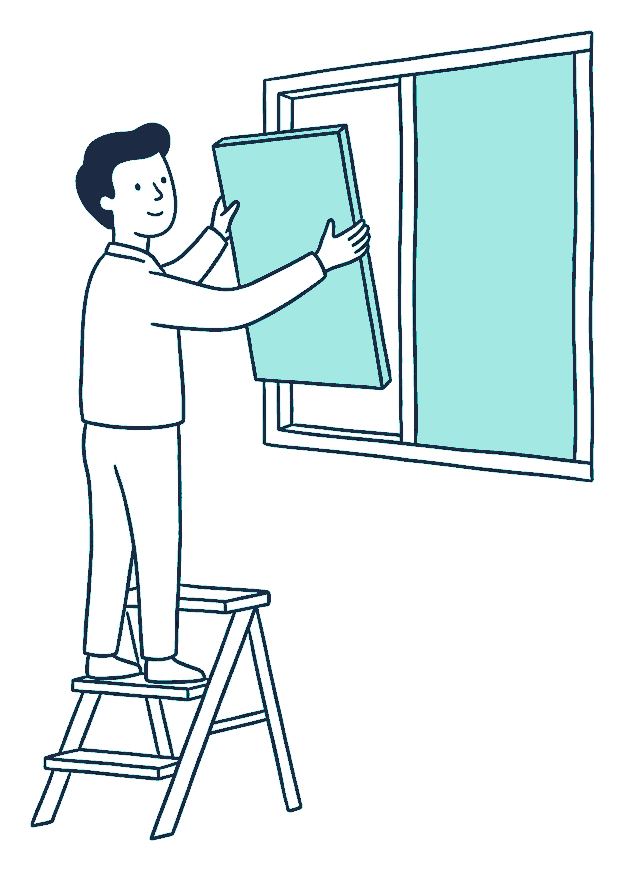 A worker on a stepladder lifts a blank panel out of a wall board and slots in a replacement