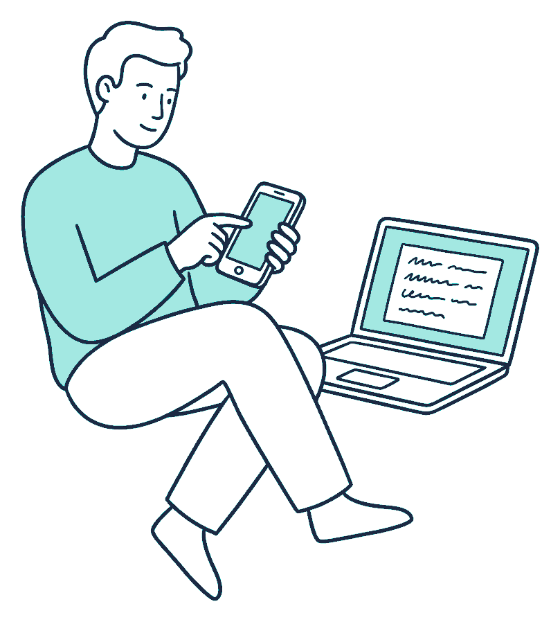Someone taps a phone screen while a laptop beside them displays a form covered in squiggly scribble lines