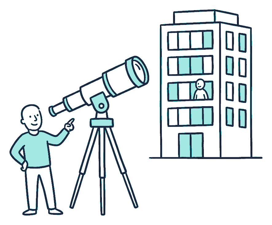 A telescope on a tripod stands on a rooftop, aimed across at a plain multi-storey office block