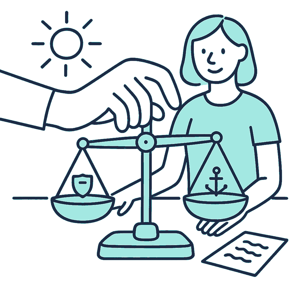 A hand adjusts two identical balance-scale weights, one stamped with a small shield and one with a small anchor, until the beam levels out