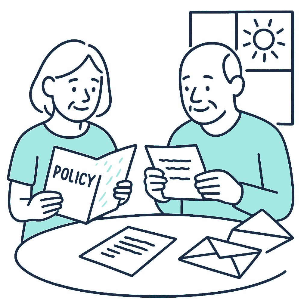 An older couple at a kitchen table in a New Zealand home compare a worn paper policy folder against a freshly opened envelope, sunlight coming through a window behind them