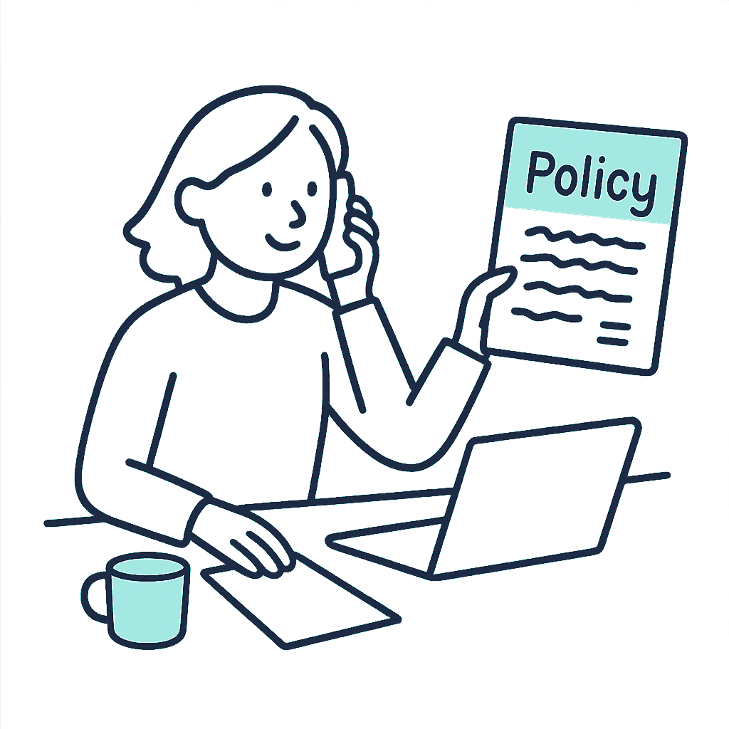 A person at a home desk juggles an old paper policy folder and a laptop while on a phone call, a cup of tea going cold beside them