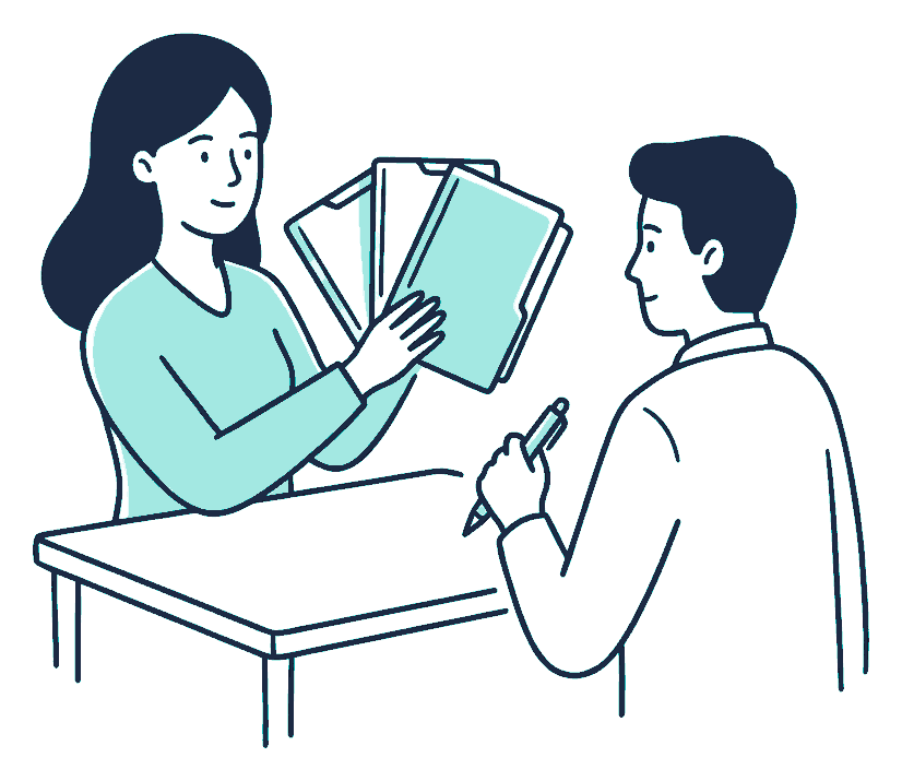 A woman fans out three separate policy folders across a table like a hand of cards