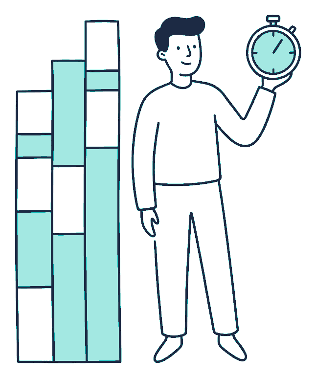 A person stands beside a tall bar chart of stacked blocks, holding a stopwatch up in one hand