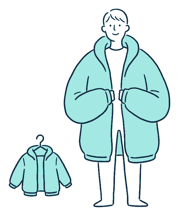 A person tries on a jacket far too large while a much too small jacket hangs beside them