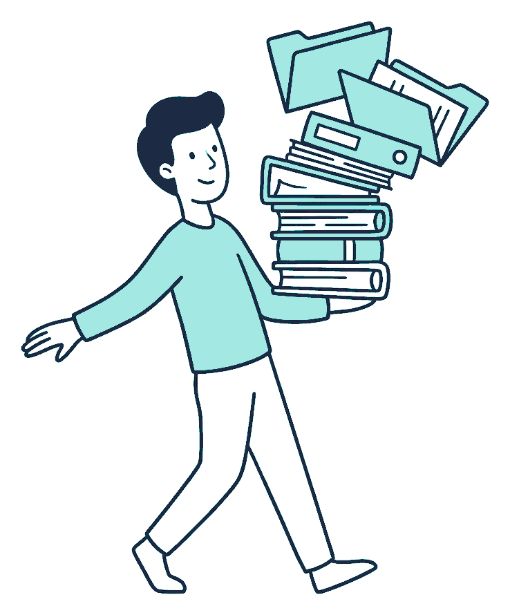 A person walks carefully while balancing a tall leaning stack of folders that is beginning to topple sideways