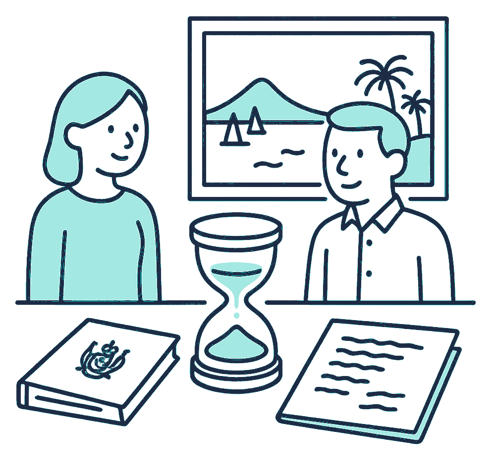 An hourglass sits between two folders on a desk, one closed and stamped with a company crest, the other blank and open ready to be filled in