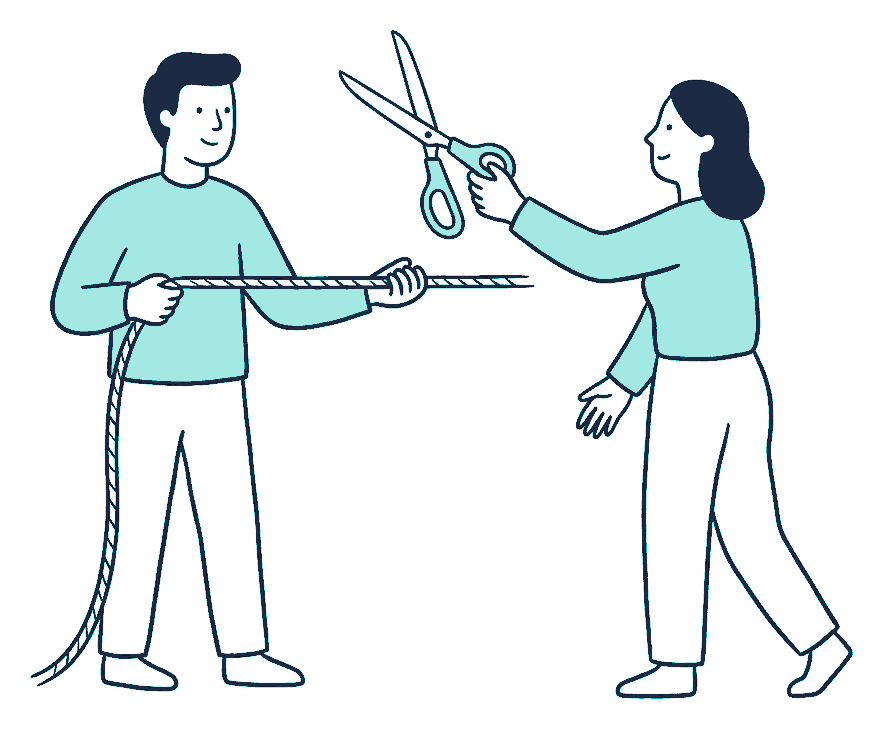 Scissors hover above a taut rope while a second hand grips the blades to stop them closing