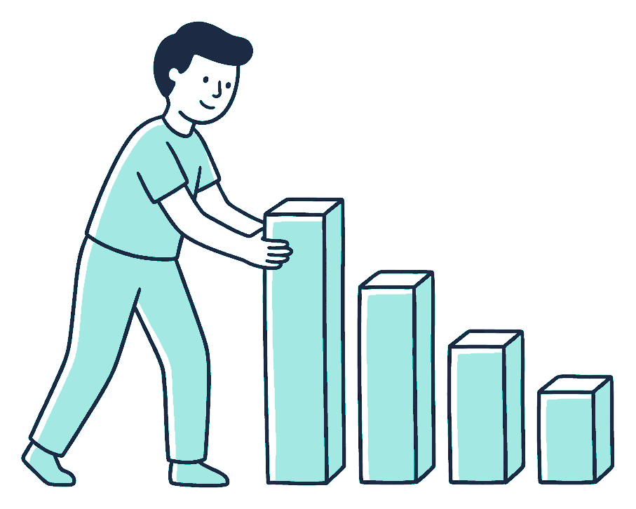 A person pushes down on the top of one tall block in a row of bars, shrinking it toward the shorter ones