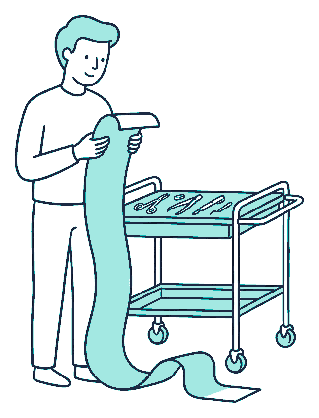 A person holding a long unspooled surgical bill beside a trolley of instruments