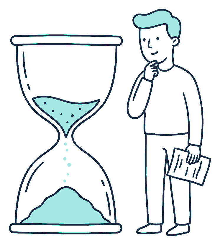 A person watching an hourglass that has nearly run through