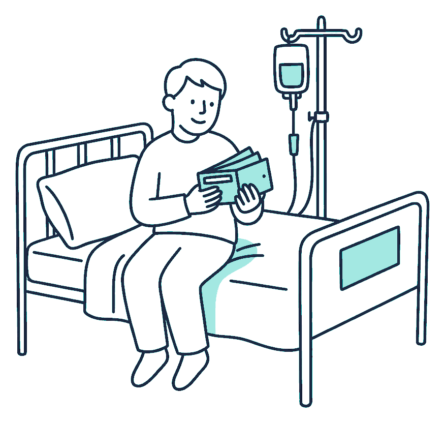A person sits on the edge of a hospital bed beside a drip stand, holding an open wallet