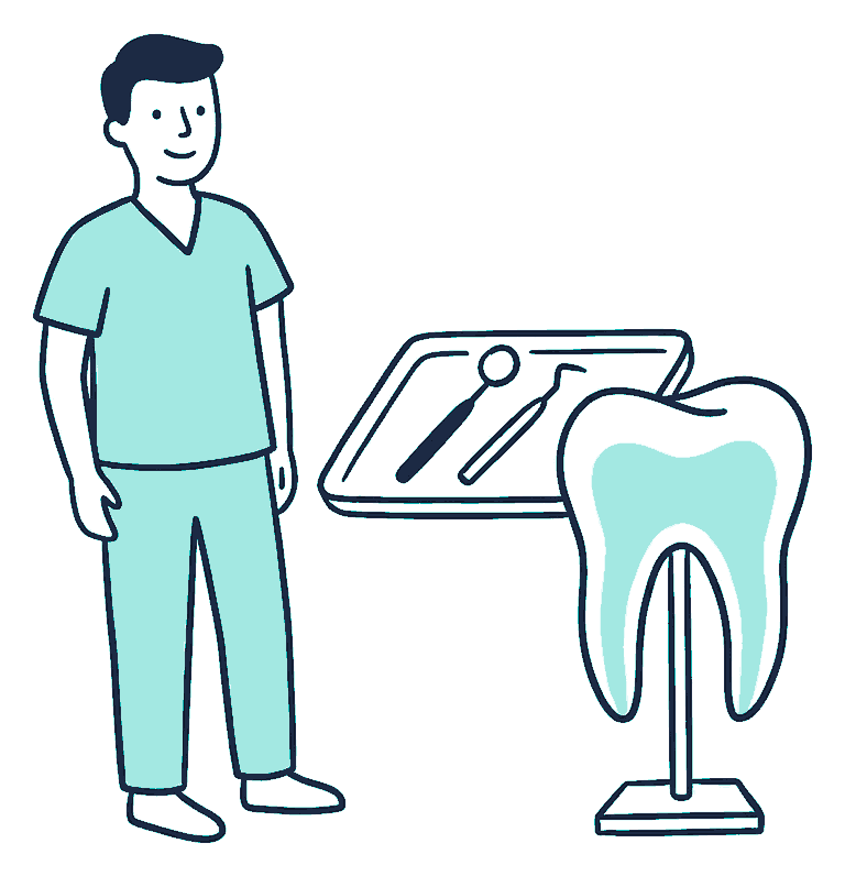 A dentist beside a tray of instruments and a large model tooth