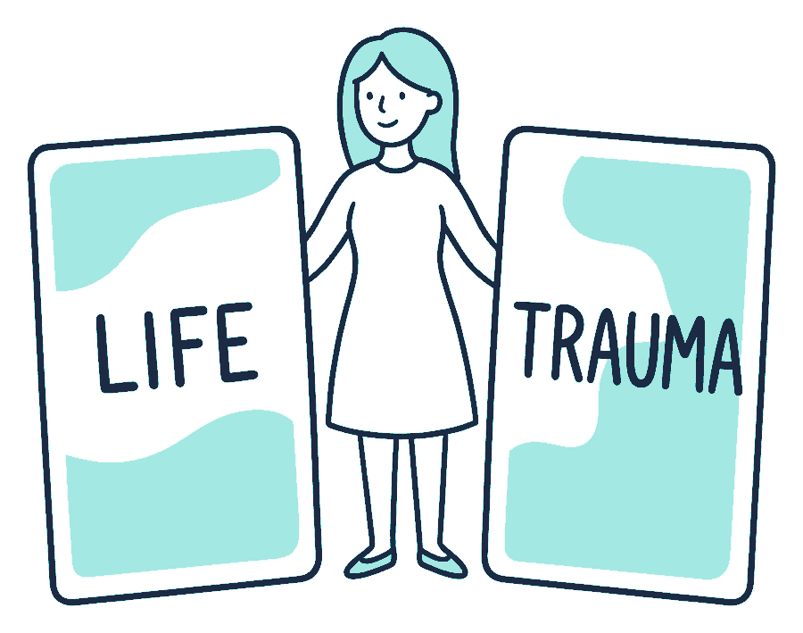 A woman stands between two large upright cards, one reading LIFE and the other reading TRAUMA