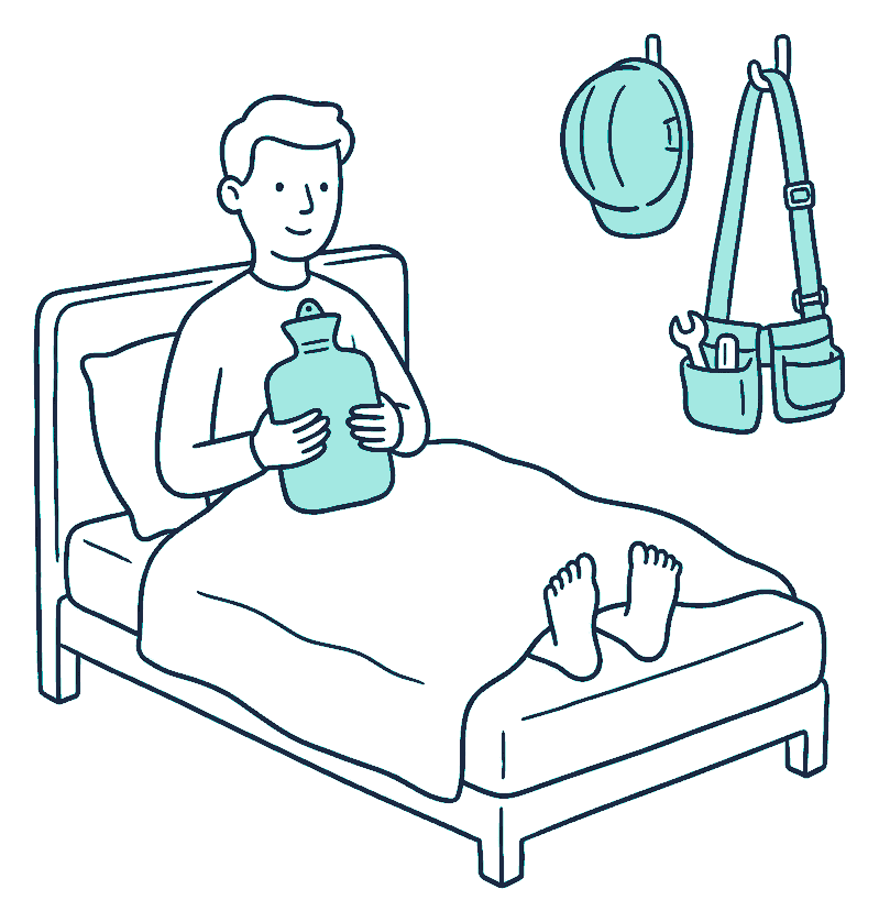 A person sits up in bed clutching a hot water bottle while a helmet and toolbelt hang unused nearby
